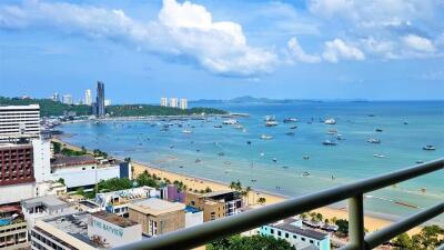 View of the beach from a balcony or rooftop