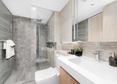 Modern bathroom with glass shower and vanity