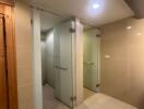 Modern bathroom with shower stalls and glass partitions