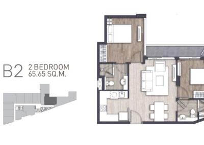 Floor plan of a 2 bedroom apartment with dimensions