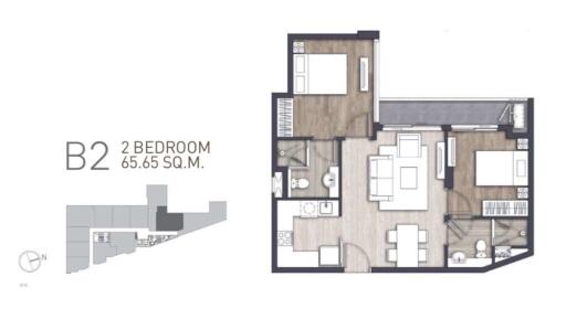 Floor plan of a 2 bedroom apartment with dimensions