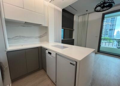 Modern kitchen with white counter and cabinets