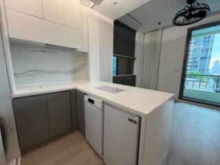 Modern kitchen with white counter and cabinets