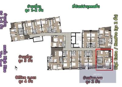 Building floor plan with various room layouts and labels in different colors