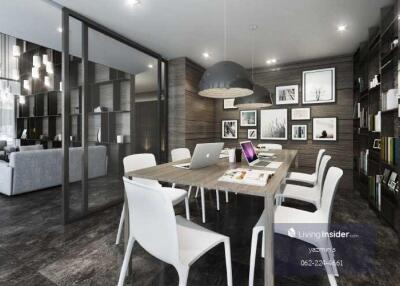 Modern dining room with contemporary furnishings, artwork, and open layout