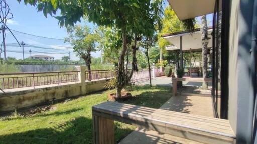 Outdoor patio area with greenery and seating