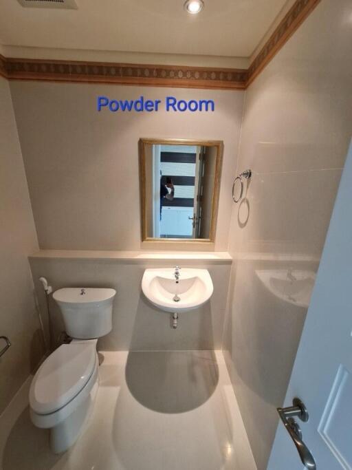 Powder Room with white fixtures and mirror