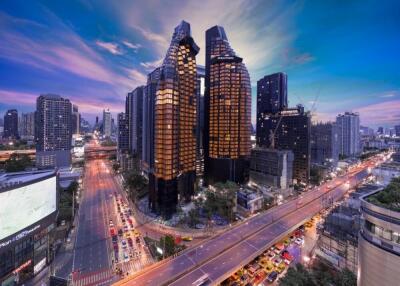 Cityscape view of modern high-rise buildings at dusk