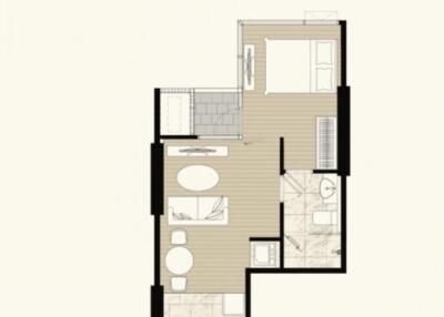 Floor plan showing layout with bedroom, living area, kitchen and bathrooms