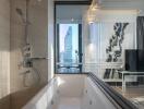 Luxurious bathroom with a view of the city skyline