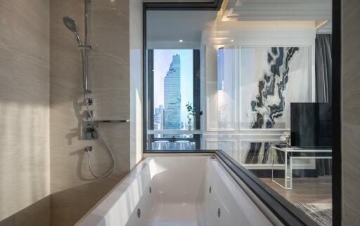 Luxurious bathroom with a view of the city skyline