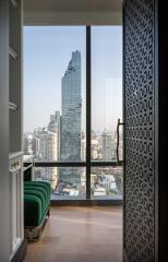 View of city skyline from an apartment