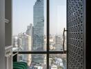 View of city skyline from an apartment