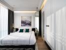 A stylish and modern bedroom with a large bed and contemporary decor