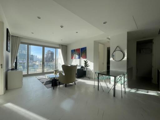 Modern living room with a city view