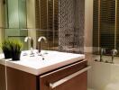 Modern bathroom with vanity sink, bathtub, and indoor plant