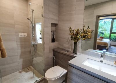 Modern bathroom with shower and vanity