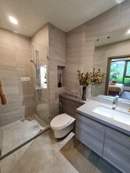 Modern bathroom with shower and vanity