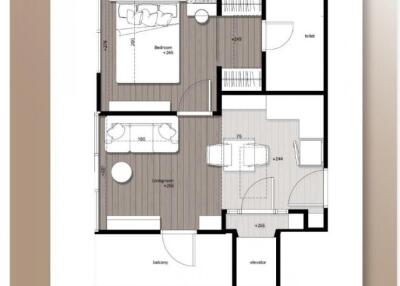 Floor plan layout showing bedroom, living room, balcony, toilet, and elevator