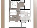 Floor plan layout showing bedroom, living room, balcony, toilet, and elevator