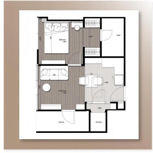 Floor plan layout showing bedroom, living room, balcony, toilet, and elevator