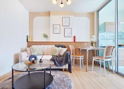 Modern living area with kitchen view