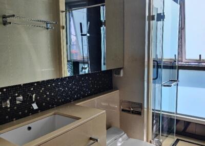 Modern bathroom with glass shower and countertop sink