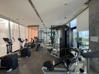 Modern gym with exercise equipment and large windows