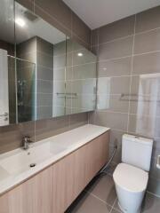 Modern bathroom with large mirror and wooden vanity