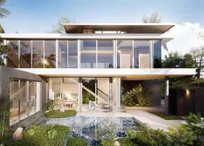 Modern two-story house exterior view with large windows and lush greenery