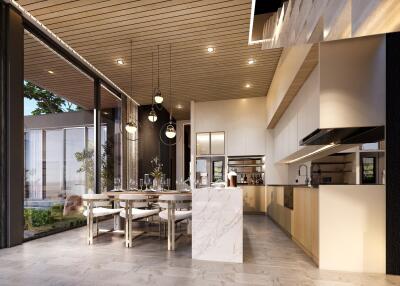 Modern kitchen with dining area and large windows