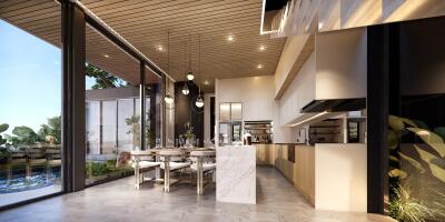 Modern kitchen with dining area and large windows