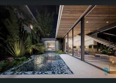 Modern home with pool and outdoor lounge area