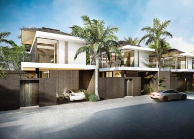 Modern luxury villa with palm trees and multiple car garages