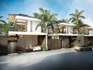 Modern luxury villa with palm trees and multiple car garages