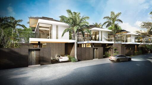 Modern luxury villa with palm trees and multiple car garages