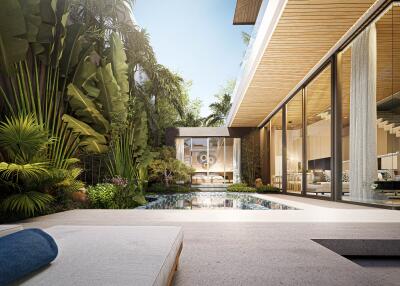 Modern outdoor pool area with lush greenery and contemporary architecture