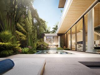 Modern outdoor pool area with lush greenery and contemporary architecture