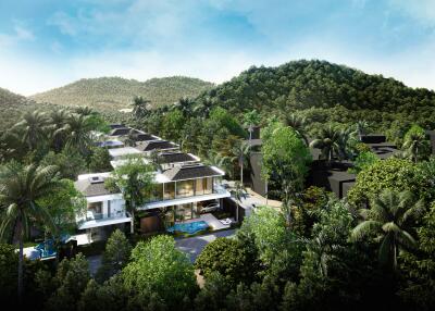 Luxury villas amidst lush green landscape