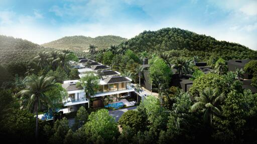 Luxury villas amidst lush green landscape