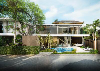 Modern residential building with glass windows, pool, and surrounding greenery