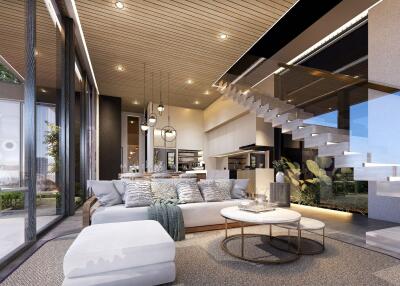 Modern living room with open-plan kitchen and dining area