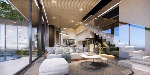 Modern living room with open-plan kitchen and dining area