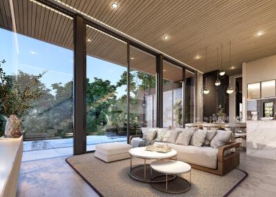 Modern open-plan living and dining area with large windows and pool view