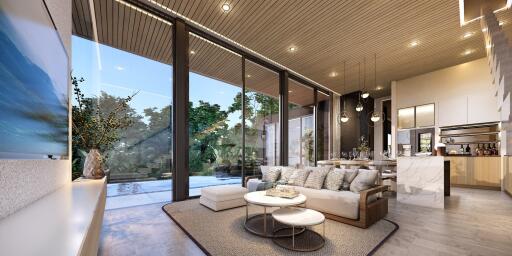 Modern open-plan living and dining area with large windows and pool view