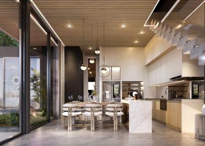 Modern kitchen and dining area with large windows