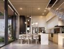 Modern kitchen and dining area with large windows