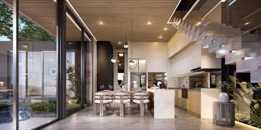 Modern kitchen and dining area with large windows