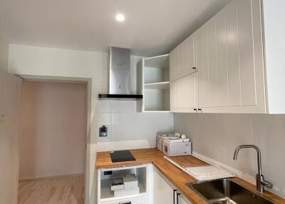 Modern kitchen with white cabinetry and wood countertops