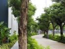 Well-maintained pathway with trees and greenery